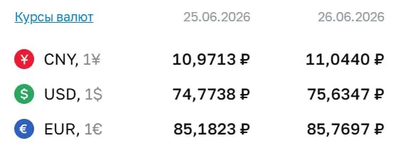 Официальный курс на 26 июня: доллар — 75,63 ₽, евро — 85,77 ₽, юань — 11,04 ₽. По курсу ЦБ проходят расчеты по ряду финансовых инструментов.