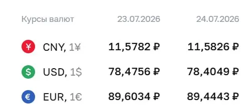 Официальный курс на 24 июля: доллар — ₽78,40, евро — ₽89,44, юань — ₽11,58. По курсу ЦБ проходят расчеты по ряду финансовых инструментов.